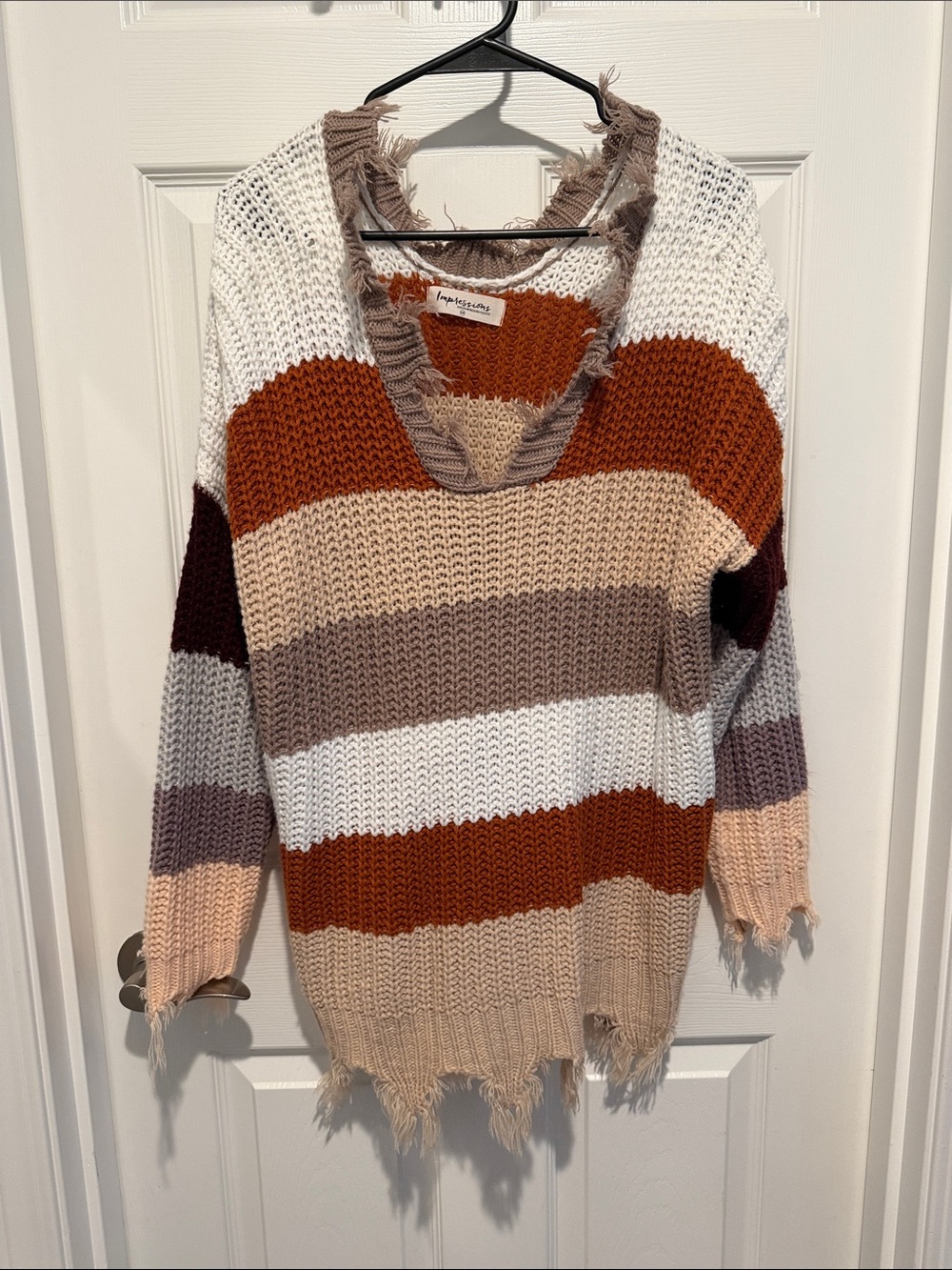 Impressions Striped Distressed V-Neck Sweater - Rust, White, Beige, Taupe, Mauve
